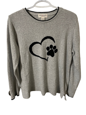 Cotton Country by Parkhurst Grey  Crewneck Sweater with Black Heart & Paw Size M